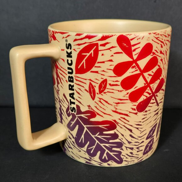 Starbucks Other - Starbucks 2017 Fall Leaves Beige Mug Red & Purple Leaf Pattern 12 Oz Coffee Cup